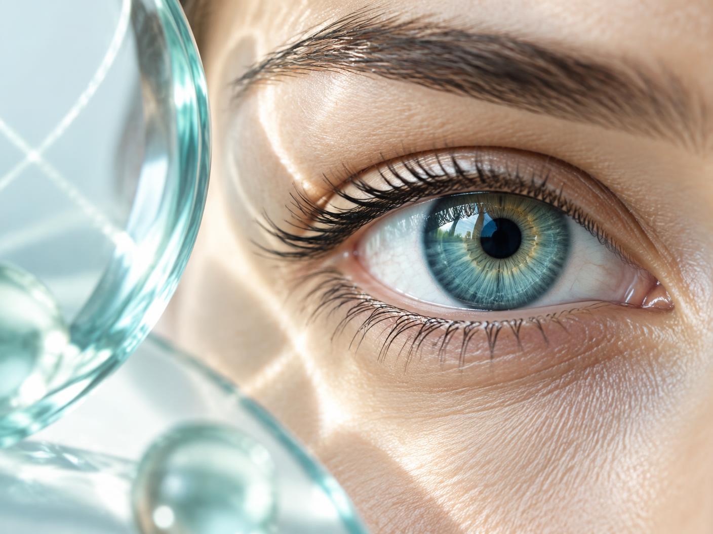 Close view of a bright blue-green eye behind a clear lens