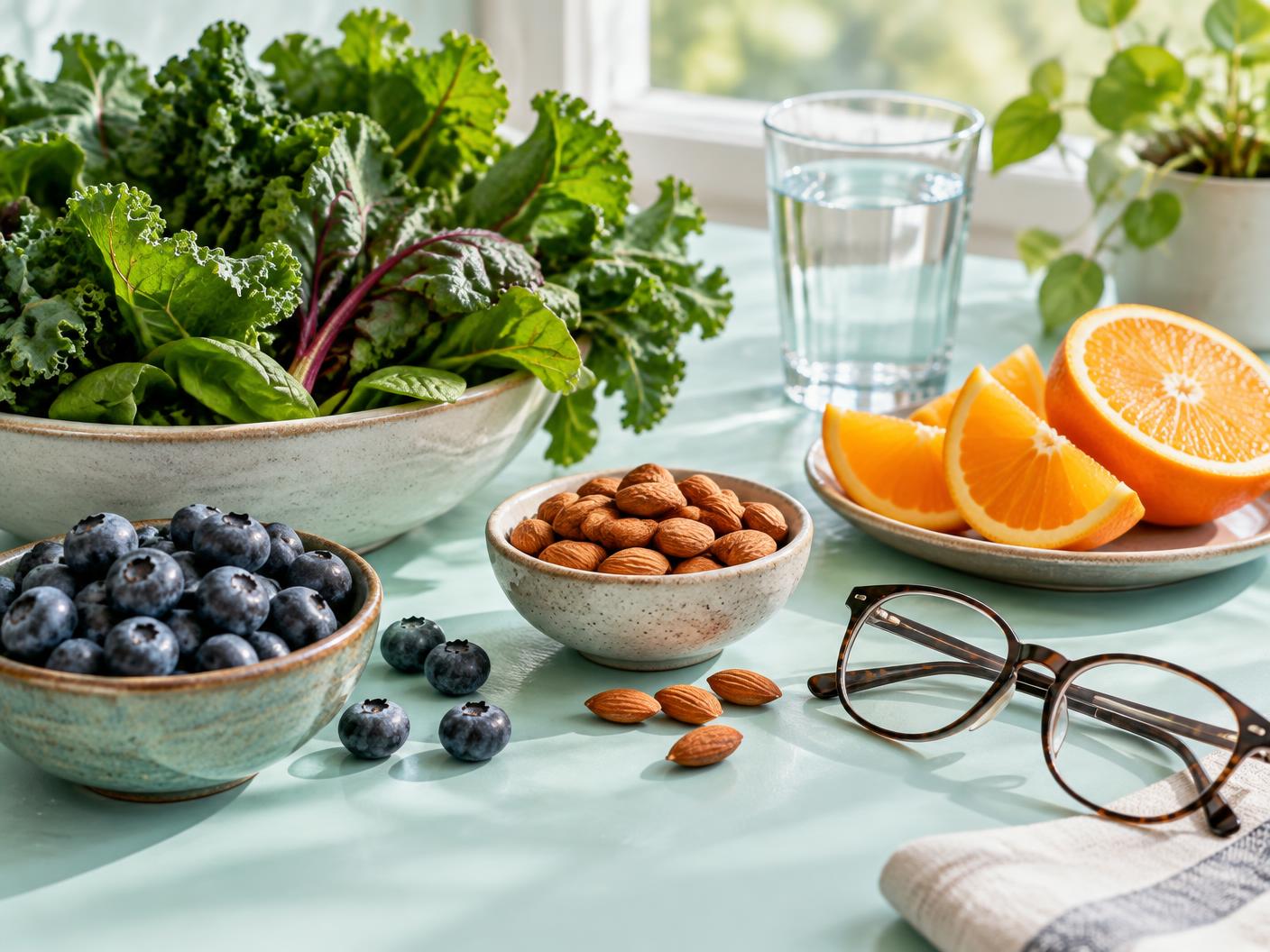 Leafy greens, berries, almonds, citrus, water, and glasses arranged on a table